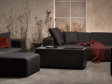 EcoSmart Fire Sidecar 24 Fire Table anchors the Bakers Street patio, graphite concrete ethanol fire pit table with glass cover.